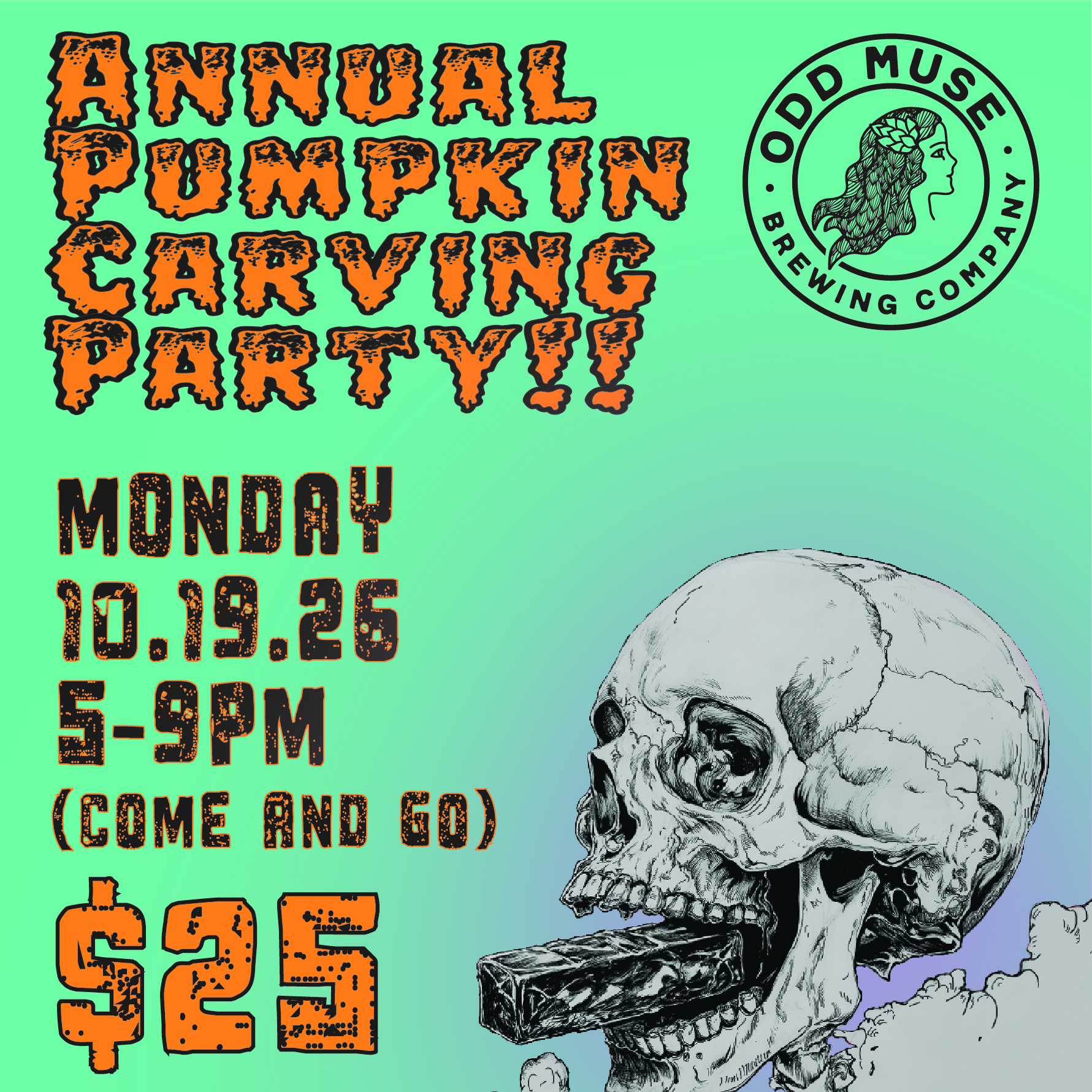 Annual Pumpkin Carving Party at ODD Muse Farmers Branch, Monday October 19, 2026, 5–9 p.m.